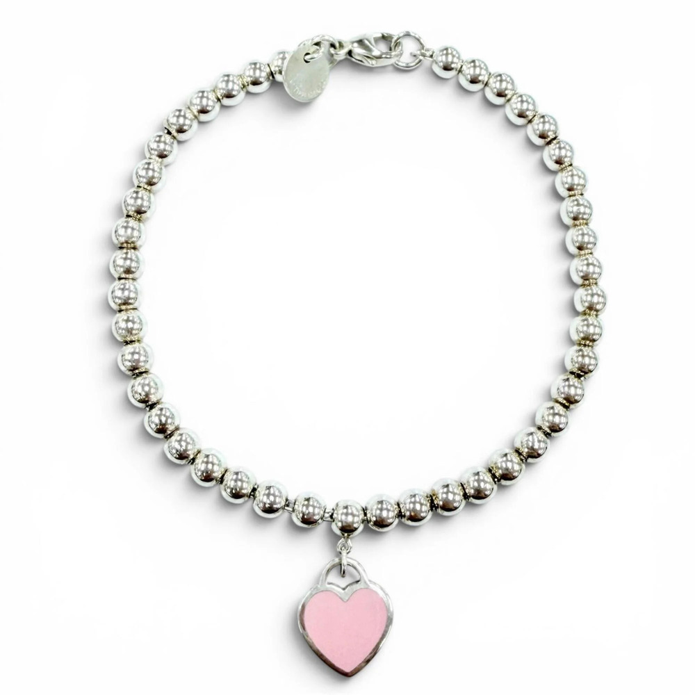 TIFFANY Authentic Pink Heart Charm Bracelet - Picture 1 of 9